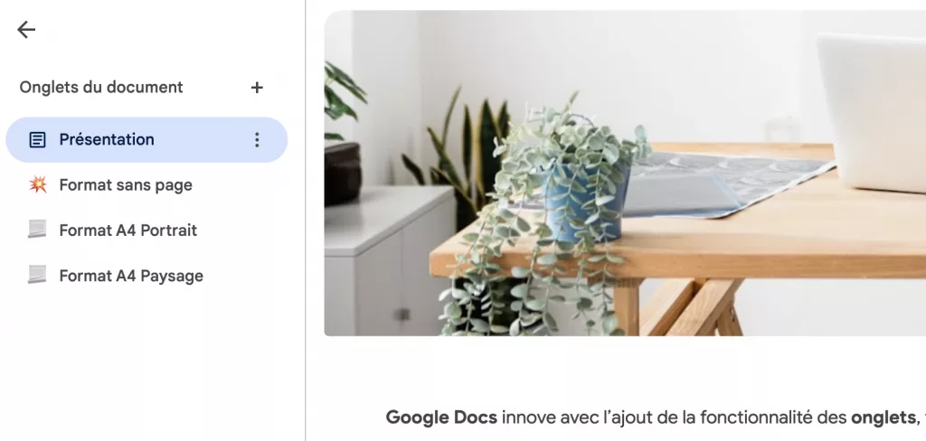 Illustration des onglets dans Google Docs