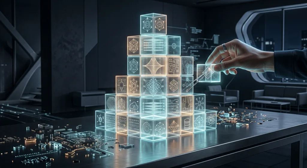 main plaçant un cube holographique sur une structure pyramidale de blocs de