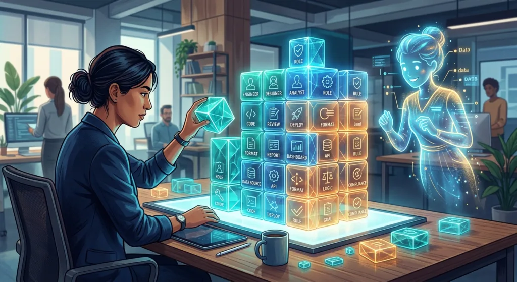 une femme organise des blocs holographiques de tâches techniques et de données