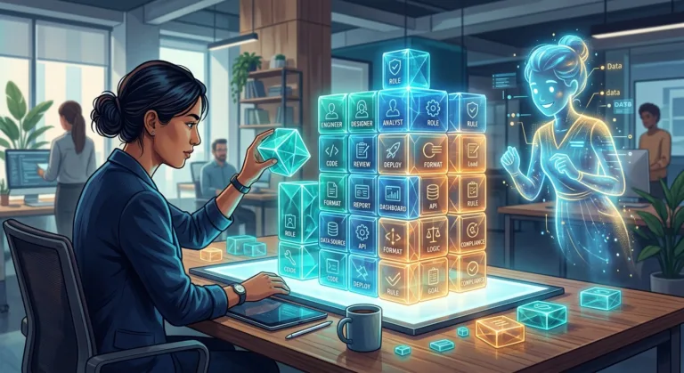 une femme organise des blocs holographiques de tâches techniques et de données