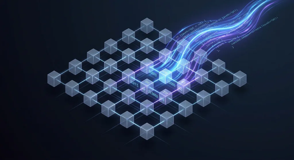 réseau de cubes interconnectés avec des lignes de code et des flux de données
