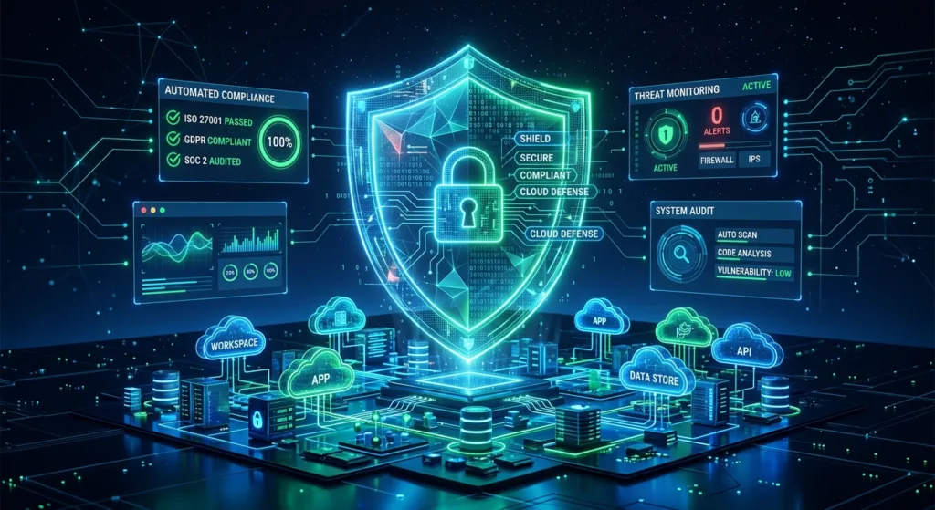 tableau de bord de cybersécurité avec bouclier central, indicateurs de